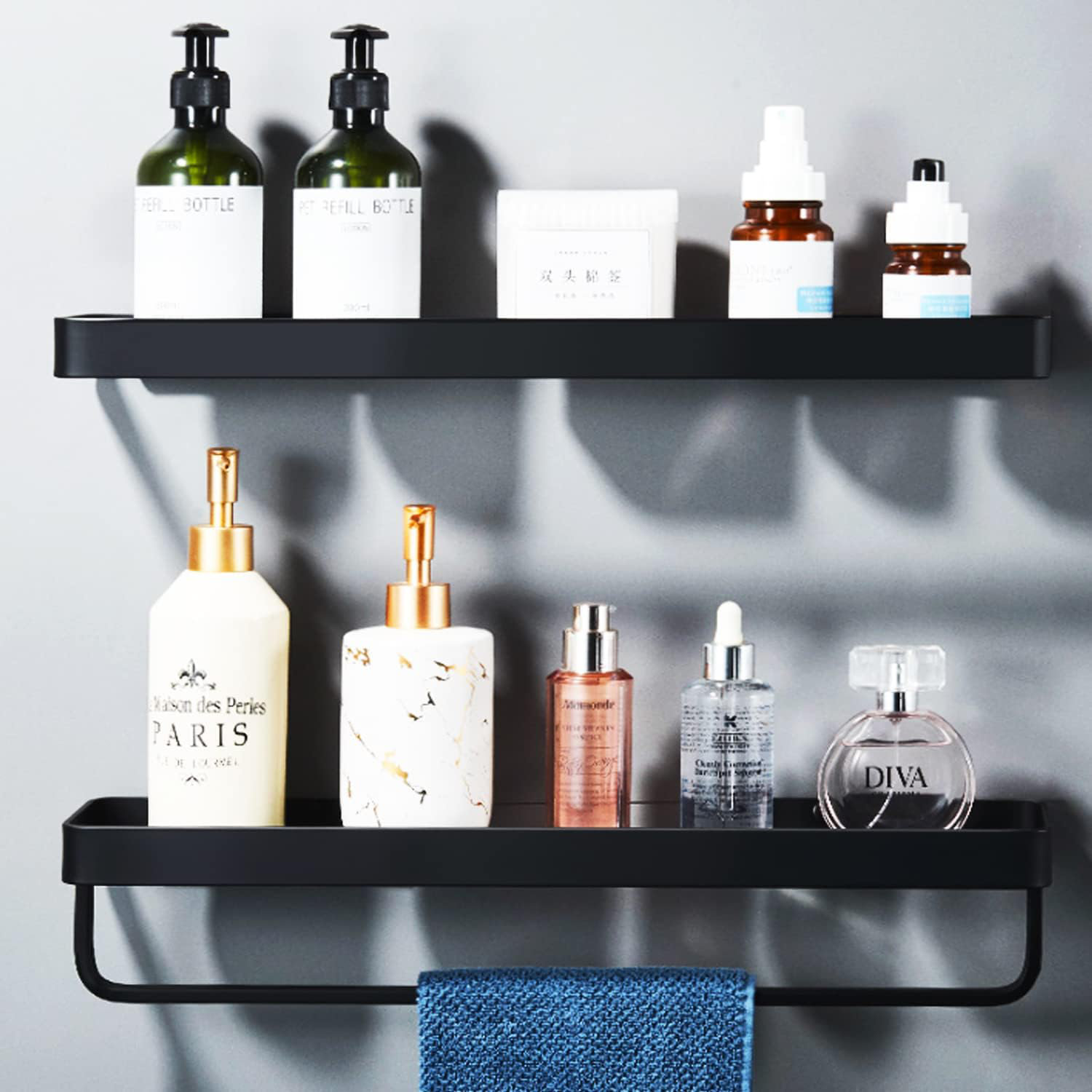 Rebrilliant Bathroom Wall Mounted Glass Shelves With Towel Bar, Black  Aluminum 2-Tier Floating Shelves For Storage And Decor | Wayfair, image size:1500x1500