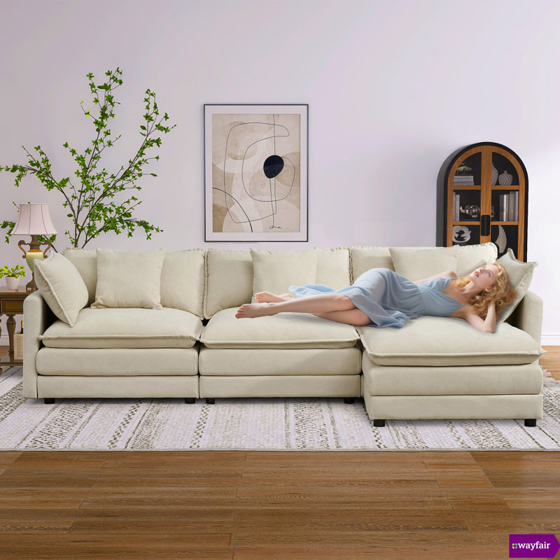 Lashanda 110.24"W Extra Deep Seat Modular Sectional With An Ottoman Sofa, White