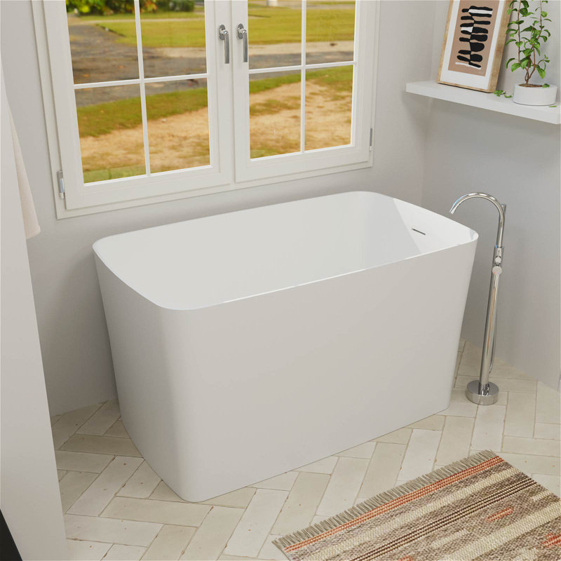 47.24'' X 27'' Japanese Freestanding Solid Surface Soaking Bathtub With Interior Seat For Small Space Room, Matte White