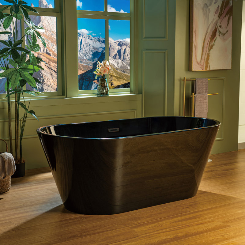 59" x 30" Freestanding Acrylic Soaking Tub - Glossy White, Glossy Black, or Black Exterior/White Interior, 5 Trim Finish Options