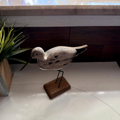 Figurine d'oiseau côtier vieilli en bois et métal, beige, blanc et brun foncé, 8,5 pouces de haut