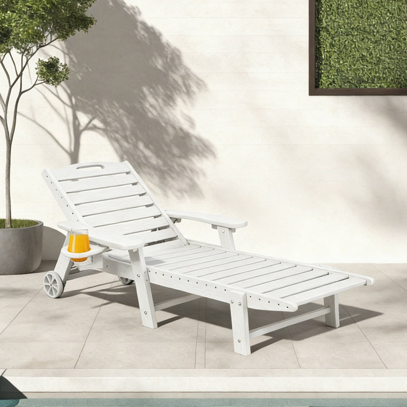 Outdoor Wood Texture Reclining Lounge Chaise With Wheels & Cup Holder, White
