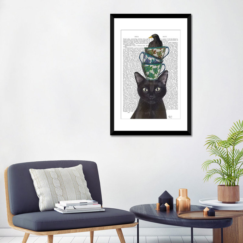 «Black Cat with Teacups and Blackbird I», impression sur toile, H 32 po x l 24 po x P 1 po, Papier d'art encadré noir, Blanc