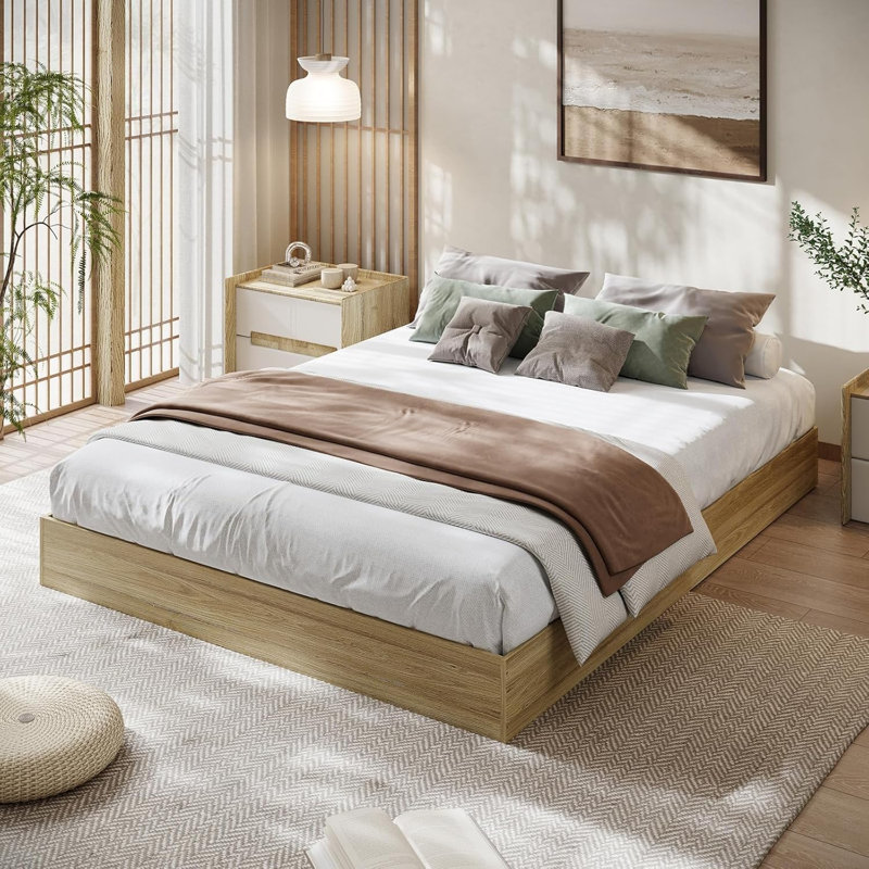 California King Wood Platform Bed Frame with Wooden Slats, Floor Standing, Minimalist Design, California King, Beige
