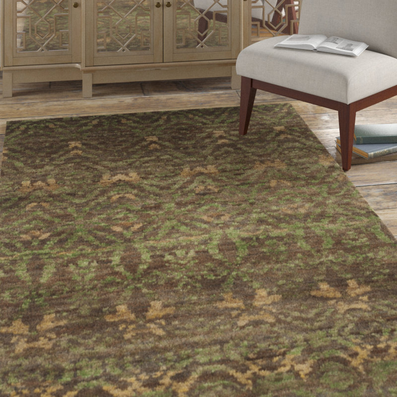 Tapis vert / brun noué à la main Ferrera, Rectangle de 5 pi x 8 pi