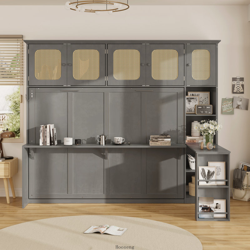 Lit escamotable double avec bureau et armoires en rotin, lit mural peu encombrant pour le bureau personnel, blanc chaud