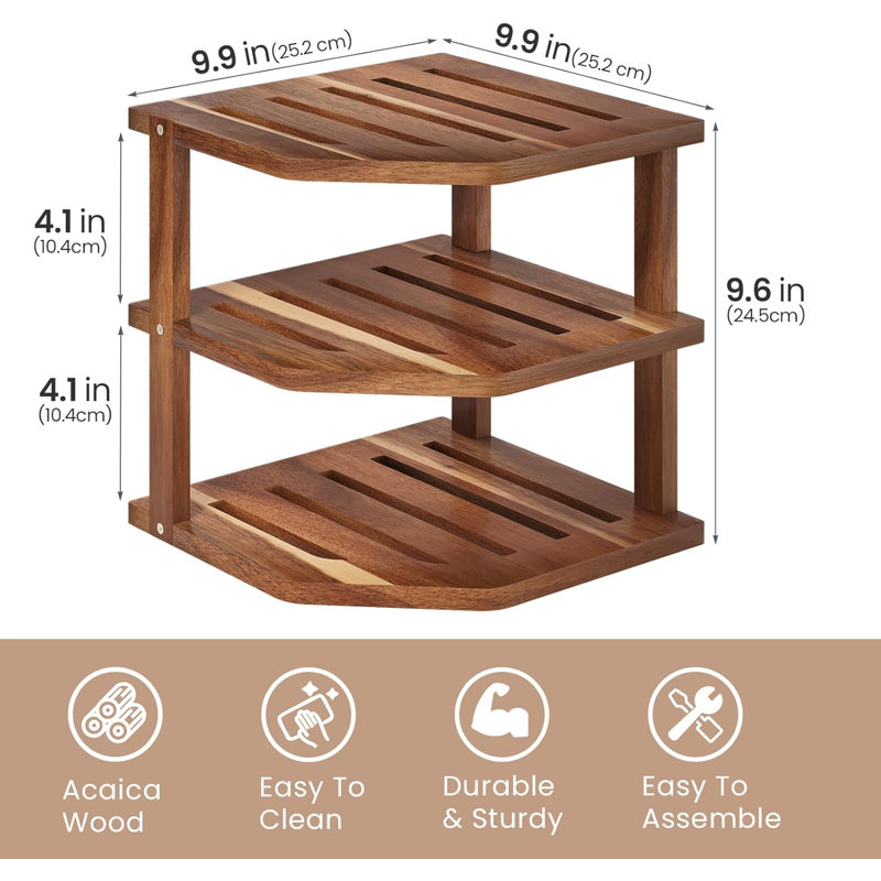 Ensemble de 2 tablettes de coin en bois d'acacia à 3 niveaux pour comptoir et armoire | Rangement pour garde-manger, support à vaisselle, support à épices, organisateur de coin, tablettes de comptoir de cuisine, rangement de cuisine, assiettes