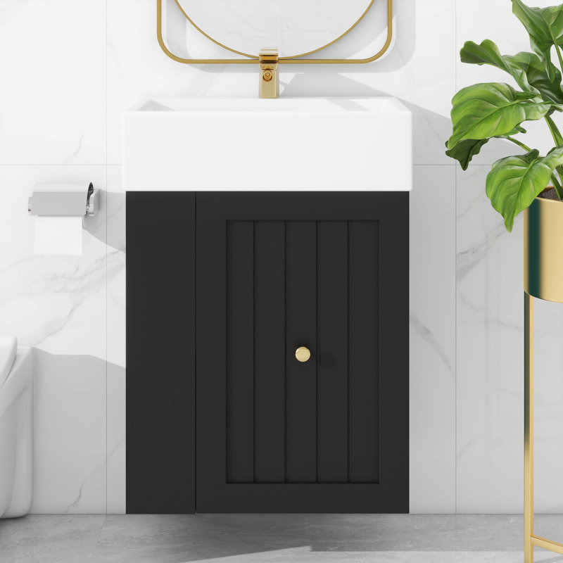 Meuble-lavabo moderne de 20 po pour les petites salles de bain, lavabo en céramique, armoire de rangement en panneau de fibres à densité moyenne avec tiroir, tablette latérale et poignée dorée