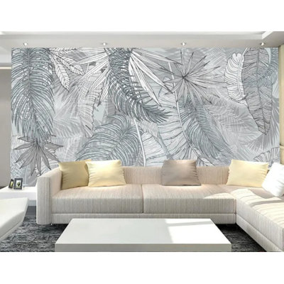 Scandinavian Tropical Leaf Line Art Wall Mural Gray White Monstera Palm Botanical Sketch Panoramic Wall Covering