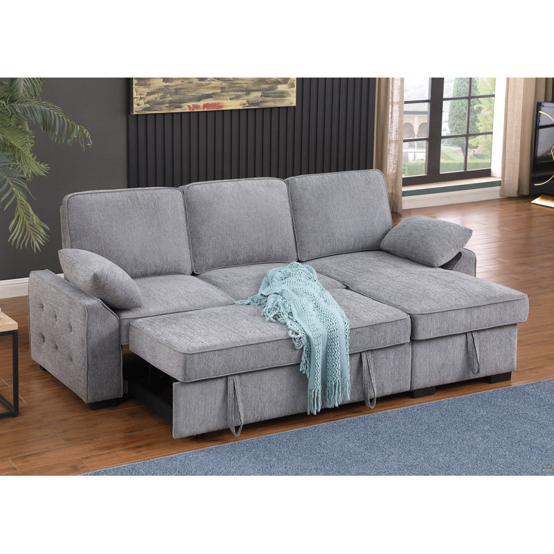 Canapé-lit modulaire réversible en chenille avec méridienne de rangement, table rabattable, porte-gobelets et ports de chargement