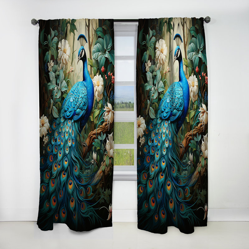 Teal Peacock Monochrome - Peacock Blackout Animal Print Curtain - 1 Panel, 52" W x 84" L