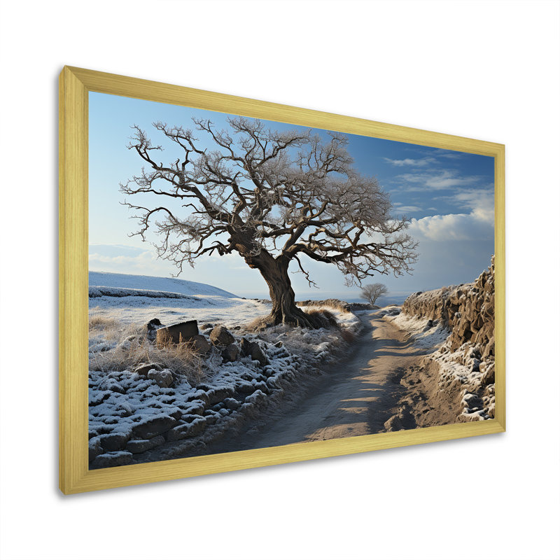 Paysage campagne d'hiver sur toile, Cadre doré simple, H 30 po x l 40 po x P 1,5 po