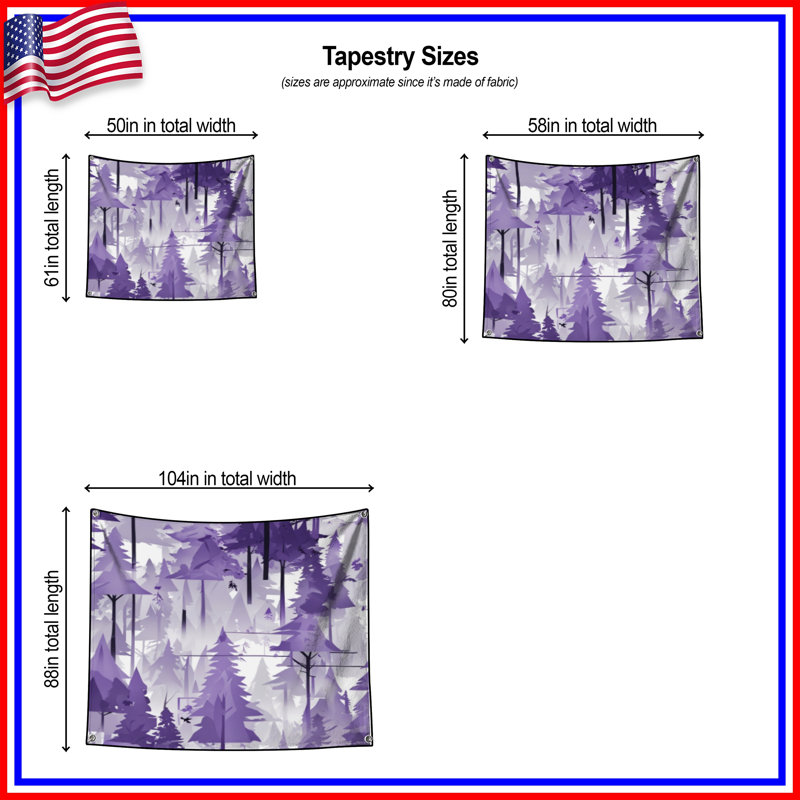 Tapisserie murale silhouette de forêt mauve - décoration murale forêt, 50 po H x 60 po L avec 4 œillets