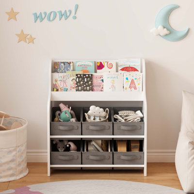 Kids Bookshelf With 6 Fabric Storage Bins, Multi-Functional Children's Bookcase And Toy Organizer, Front-Facing Display Shelf For Playroom, Bedroom Or