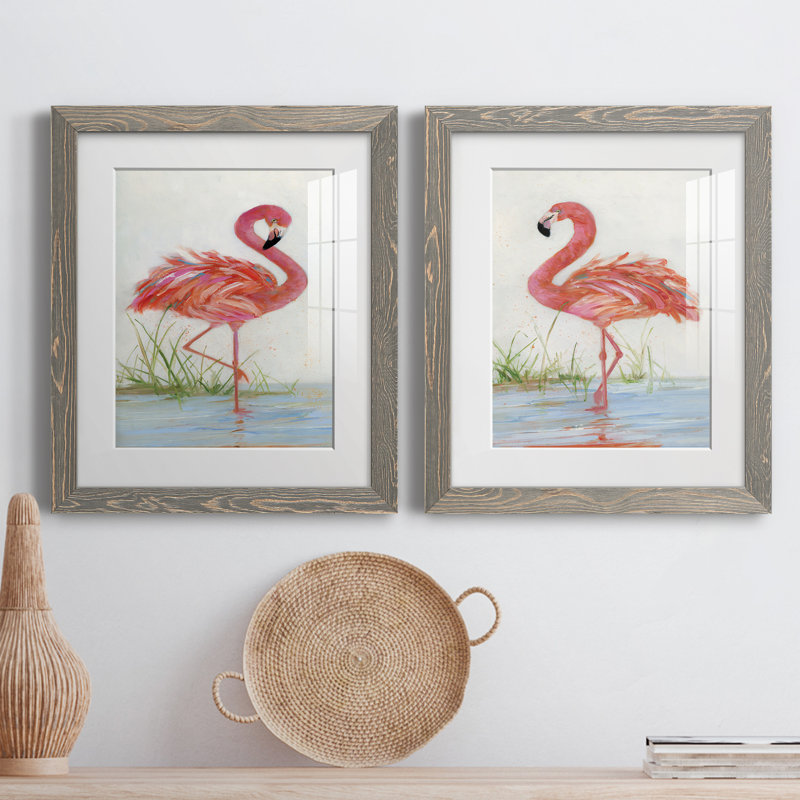 Flamingo I - ensemble de 2 peintures, H 20 po x l 34 po, Papier dans un cadre photo, Gris