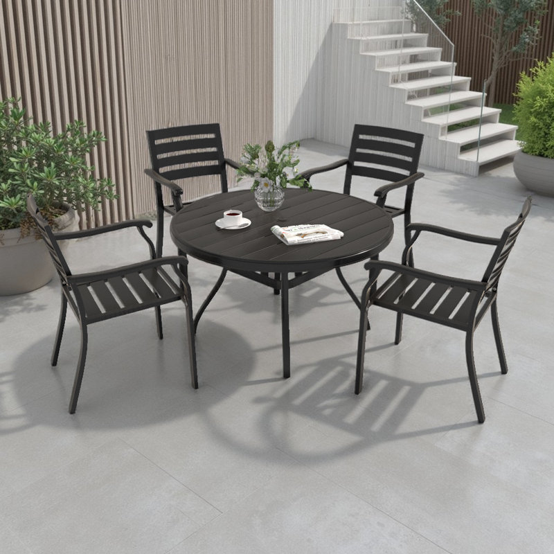 Ensemble repas d'extérieur 52,9 po avec ensemble de patio en métal empilable 7 pièces avec trou de parasol réglable?, 4