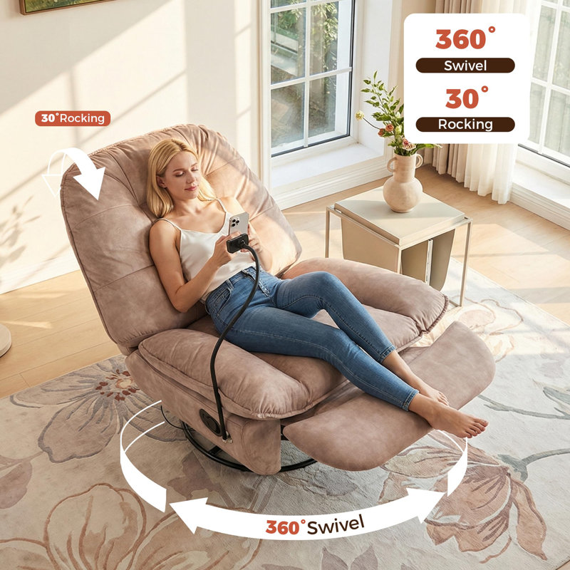 360° Swivel Velvet Recliner Chair Oversized with Mobile Phone Holder, Pink