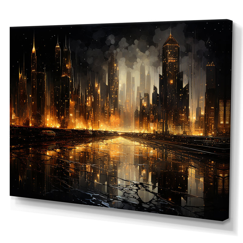Nyc Cityscape Night Noir sur toile, H 16 po x l 32 po x P 1 po, Toile tendue