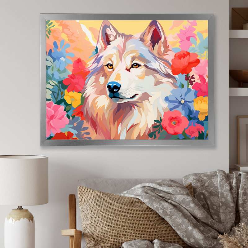 Impressionniste impressionnant loup coloré III - loup, art mural, Cadre de coin argenté fermé, H 16 po x l 32 po x P 1 po