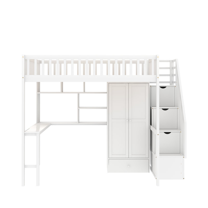 Gunjan Loft Bed with Bookshelf,Drawers,Desk,and Wardrobe, White, Full