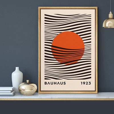 Abstract Vibrant Color Blocks " Mid-Century Bauhaus Red Sun And Black Waves Shapes "