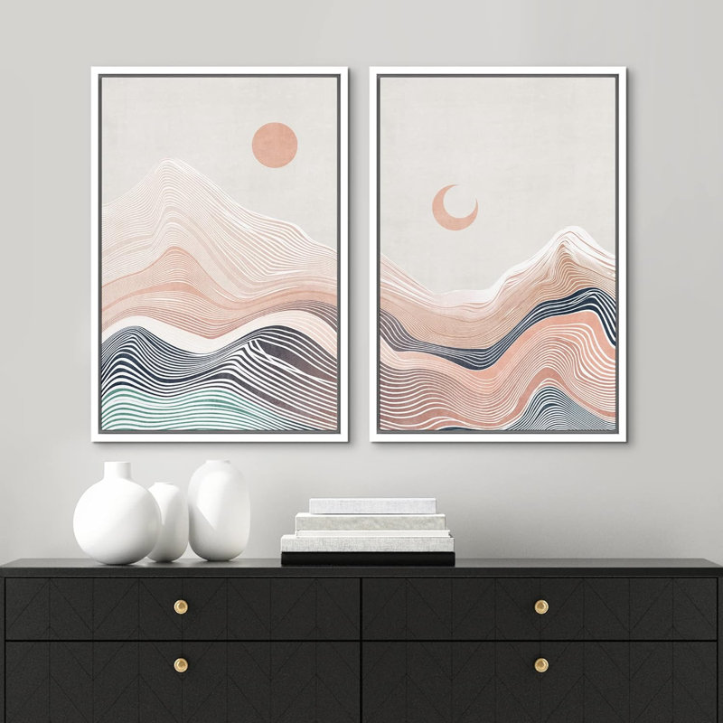 "Mountain Range Moon Sun", nature abstraite, encadrée sur toile, 2 pièces, H 24 po x l 32 po x P 1,5 po, Blanc