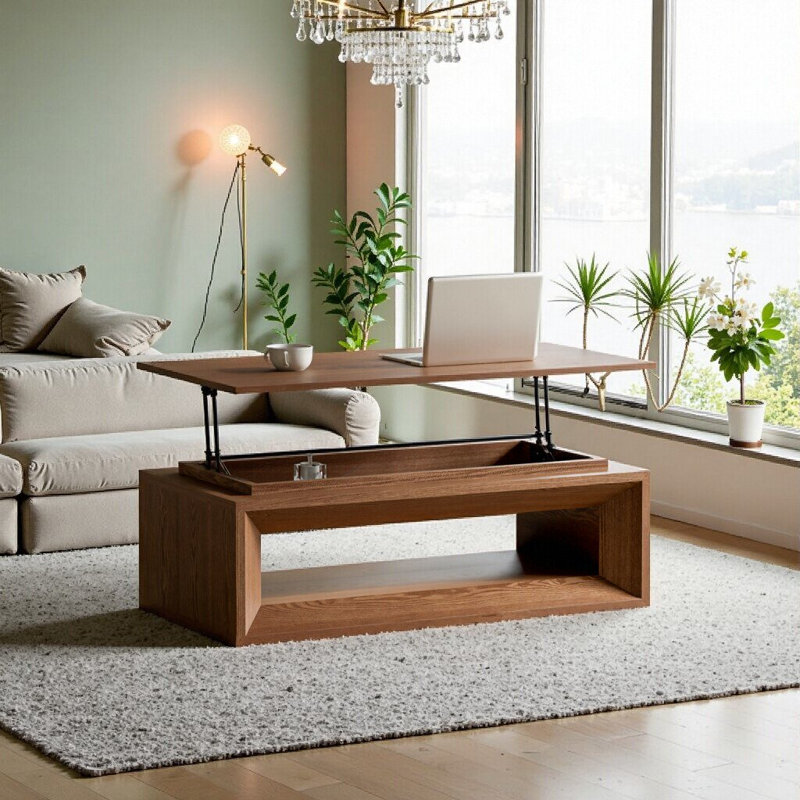 Table basse à plateau relevable avec rangement réglable en hauteur UnaLuz, Noyer