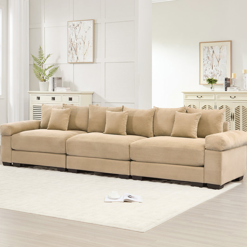 Velours côtelé modulaire à 3 places Camel avec dimensions surdimensionnées, coussin de bonne résilience et support stable pour un usage domestique, canapé de 130 po en chameau, conception ergonomique, tissu, unité de coin mobile
