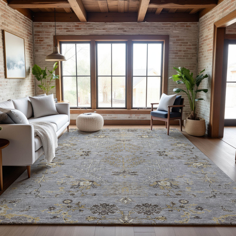 Premium Machine Washable Gurubaksh AMF1156 Floral Rug, Rectangle 9 pi x 12 pi