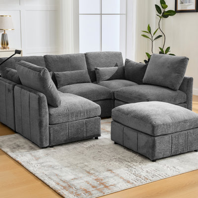 L-Shaped, Sectional , Living Room, Movable , Ports, Phone Holder, Chenille Upholstery, Grey Grey, Modular, Bed, Reconfigurable Charging, Lumbar Pillows, Easy To Assemble