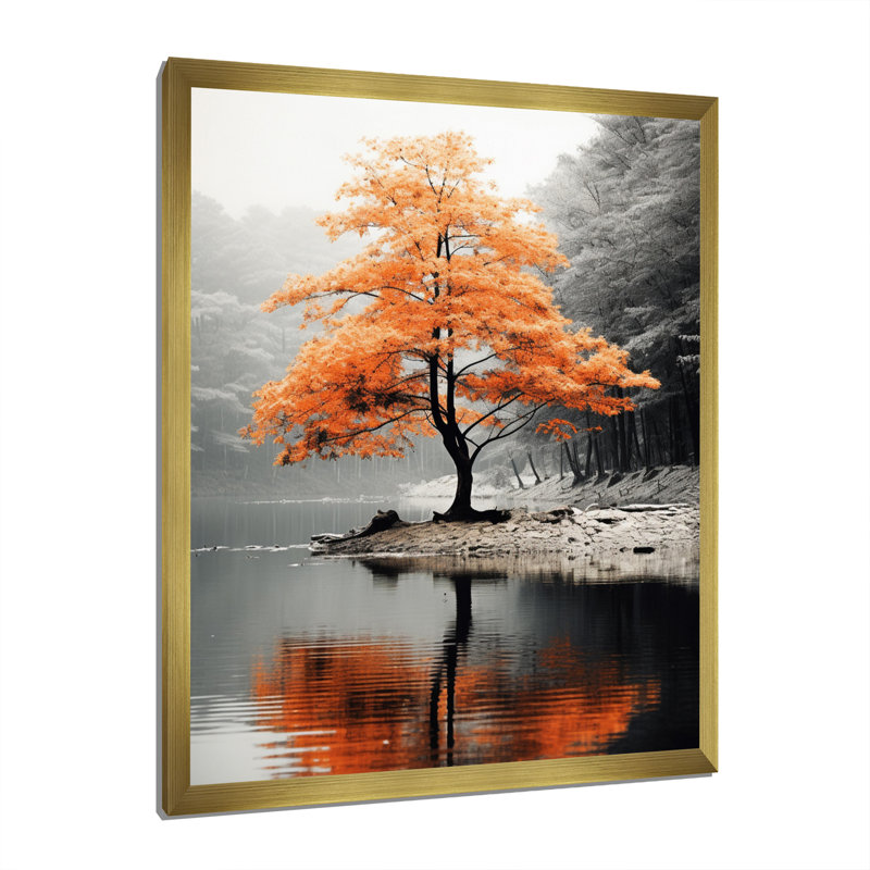 «Orange and Gray Forest Autumn Elegance II», art sur toile Forêt, H 44 po x l 34 po, Cadre photo unique, Doré