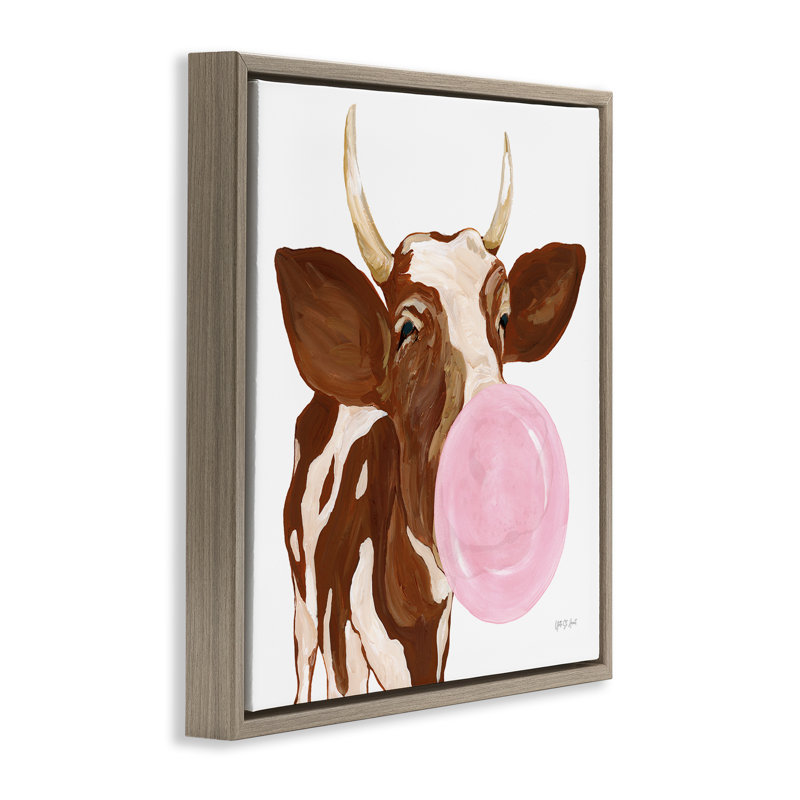  «Happy Bubblegum Cow», art encadré sur toile flottante dorée par Yvette St. Amant, H 25 po x l 25 po