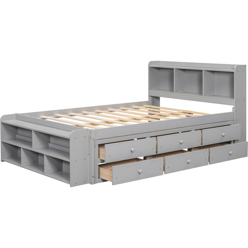 Full Size Bed With Grey Tone And Stable Bookcase Headboard For Storage Finish, Multifunctional