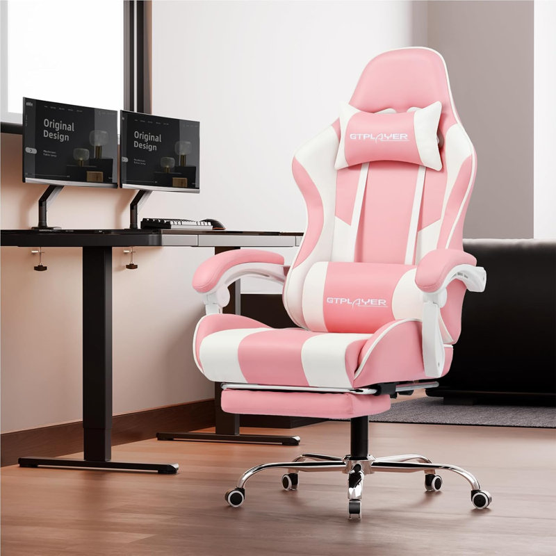Fauteuil de jeu avec repose-pieds et soutien lombaire GTPLAYER, siège de jeu réglable en hauteur avec siège pivotant à 360 ° et appui-tête et pour le bureau ou les jeux (rose)