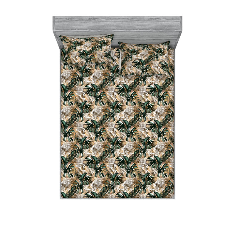 Drap-housse et taies décoratives 3 pièces Ambesonne, Vert forêt et ivoire / motif floral sépia