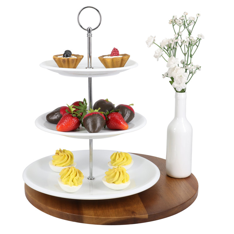 White Glazed Ceramic 3-Tier Round Serving Tray