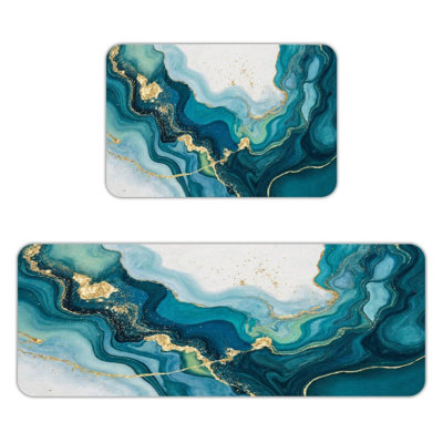 Teal Gold Marble, Kitchen Mats Set of 2