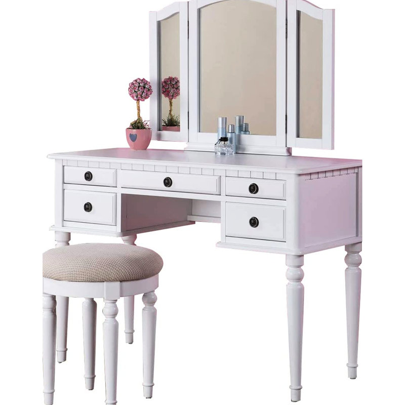 Bedroom Vanity In Contemporary Style, White Rubberwood, With Foldable Mirror, Padded Stool And Storage Drawers, Echoing Gilded Age Design, Simple Assembly Drawers For Cosmetic Organization, Classic