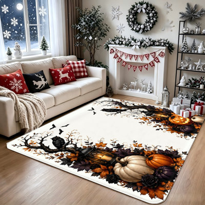 Halloween Themed Non‑Slip Area Rug, Festive Pumpkin and Owl Design, Spooky Atmosphere Floor Mat, Durable and Easy Clean for Living Room, Bedroom, and Entryway, Home Decor and Accessories