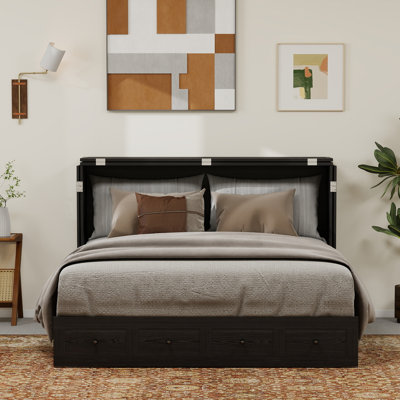 100% Soild Wood Murphy Bed with Foldable Mattress, Queen Size Bed Built-in Charging Station, Black