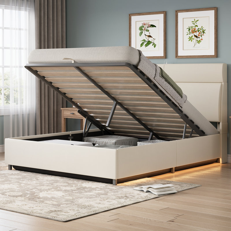 Bed Frame with Headboard, Platform Bed with Thickened Metal Frame, Lift Up Storage Bed with Motion Sensor Light, No Box Spring Needed