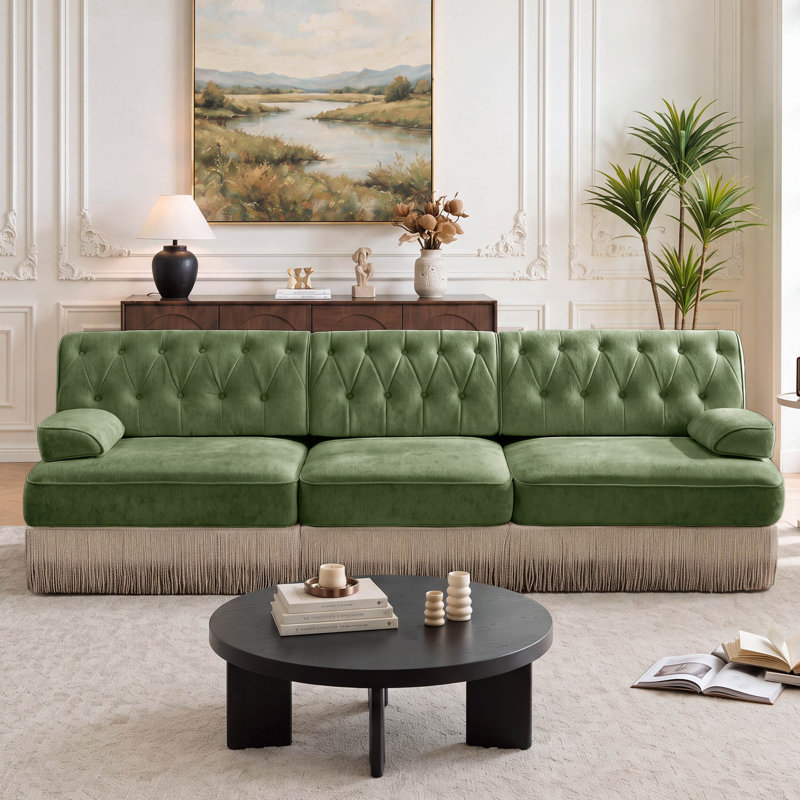 Canapé Chesterfield en velours de 106 po avec jupe à franges, Velours vert, 3