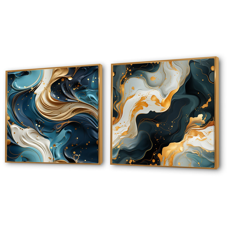 Horsham - ensemble de 2 reproductions d'art sur toile marbrées abstraites, Encadrement doré, H 16 po x l 33 po x P 1 po