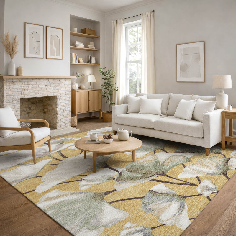 Premium Machine Washable Mayfield AMF2405 Floral Rug, Gold, 5' x 7'6"