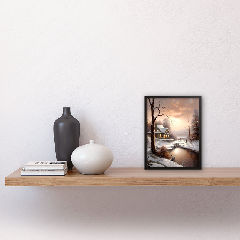 Maylyn Winter Cottage Landscape Snow Lake Sunset - Single Picture Frame Print