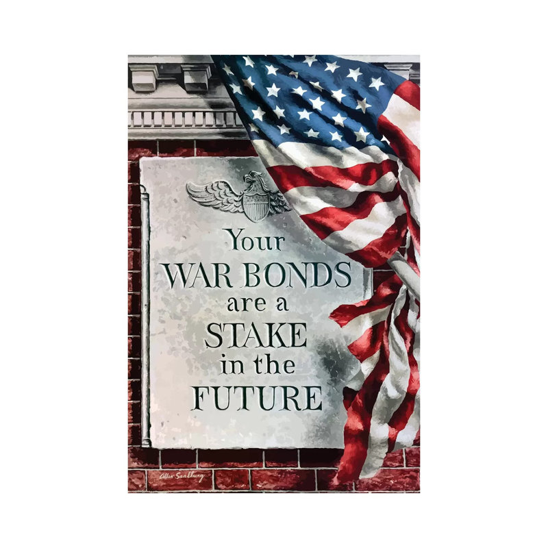 Vintage WWII Poster of the American Flag and a Sign on a Brick Building 1 Piece Wrapped Canvas Wall Art