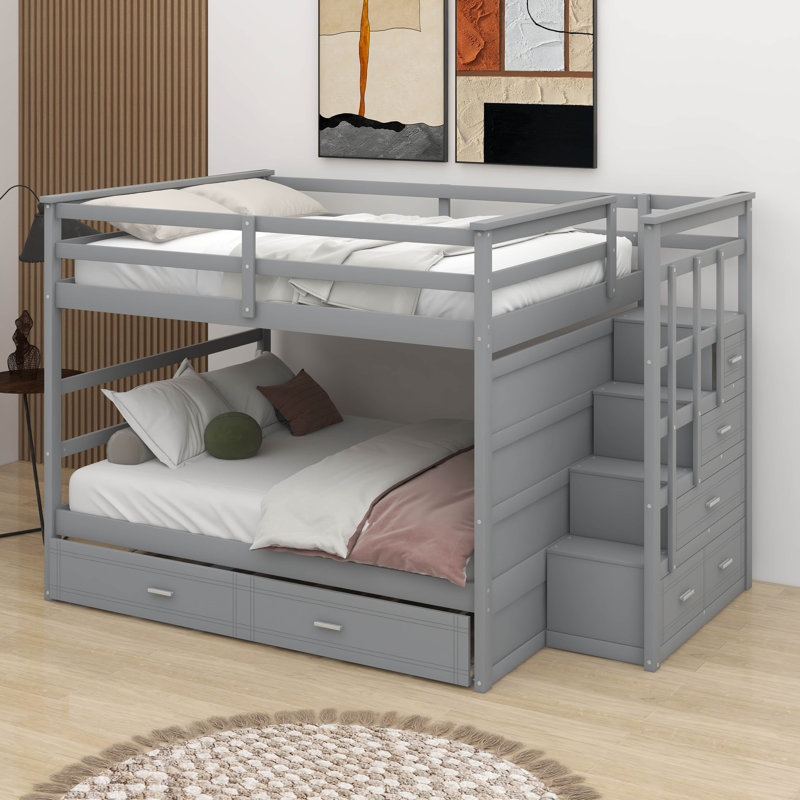 Full Over Full Bunk Bed With Trundle And Staircase, Gray