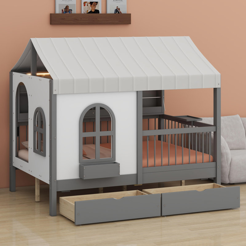 Lit maison avec grands tiroirs, Gris