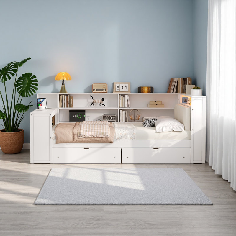 Wood Platform Bed With Storage Shelves, Drawers, Charging Station, LED, Desk And Upholstered Headboard, Full/Double, White