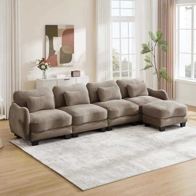 Canapé ergonomique modulaire en L en chenille avec coussins lombaires et repose-pieds, Chenille café, Orienté à droite